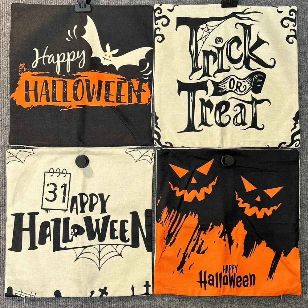 Halloween Throw Pillow Covers 18x18 Set 4 Linen Fall Autumn Decor Trick or Treat